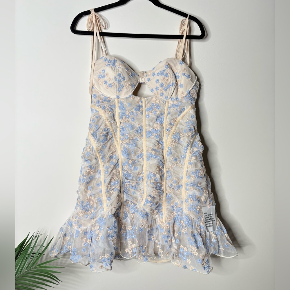 Floral Lace Bustier Mini Dress in Cream and Light Blue